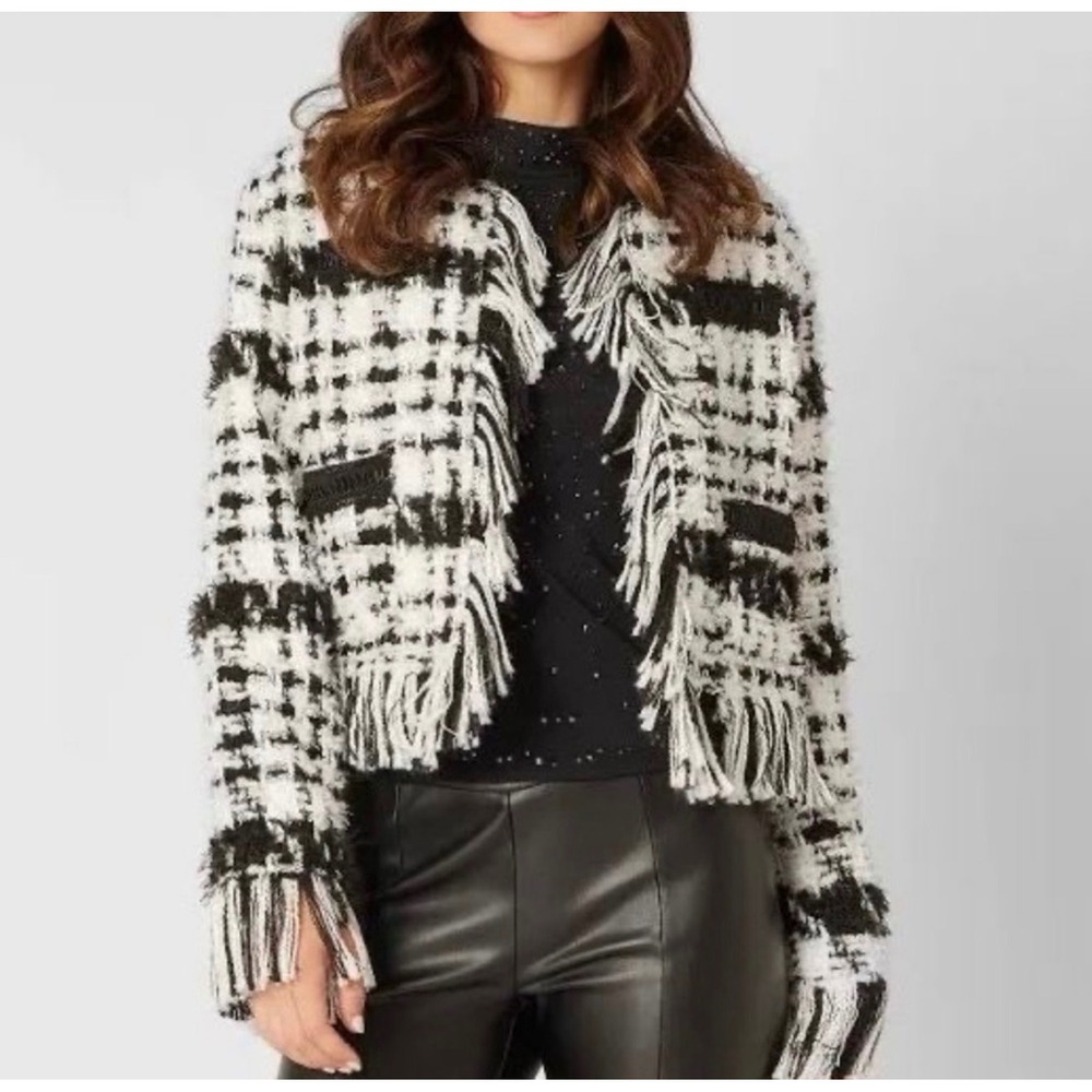 Adrienne Landau Onyx Black & White Tweed Open Blazer W/ Fringe Trim M $275